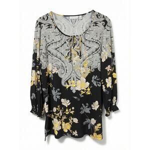 Susan Graver Womens L Liquid Knit Boho Artsy Floral Paisley Keyhole Tie Neck Top